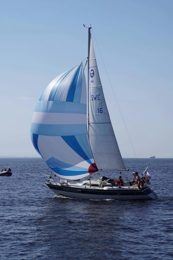 A sailboat cruising in the Gulf of Finland near Saint Petersburg, Russia. Scenic maritime leisure.